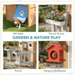 Wooden Kids Playhouse with Pet Door, Play Kitchen, Mailbox, Doorbell, Birdhouse, Fence and Windows for Pretend Play - Image 4
