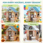 Wooden Kids Playhouse with Pet Door, Play Kitchen, Mailbox, Doorbell, Birdhouse, Fence and Windows for Pretend Play - Image 7
