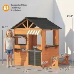 Qaba Wooden Kids Playhouse with Play Kitchen Picnic Bench and Windows Brown Ages 3-8 - Image 2