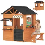 Qaba Wooden Kids Playhouse with Play Kitchen Picnic Bench and Windows Brown Ages 3-8
