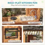 Qaba Wooden Kids Playhouse with Play Kitchen Picnic Bench and Windows Brown Ages 3-8 - Image 3