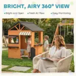Qaba Wooden Kids Playhouse with Play Kitchen Picnic Bench and Windows Brown Ages 3-8 - Image 5
