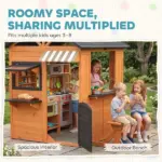 Qaba Wooden Kids Playhouse with Play Kitchen Picnic Bench and Windows Brown Ages 3-8 - Image 6