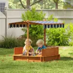 Outsunny Wooden Kids Sandbox with Adjustable Canopy and Foldable Bench Seats Brown Blue and White - Image 2
