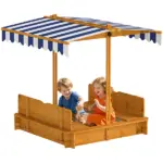 Outsunny Wooden Kids Sandbox with Adjustable Canopy and Foldable Bench Seats Brown Blue and White - Image 11