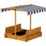 Outsunny Wooden Kids Sandbox with Adjustable Canopy and Foldable Bench Seats Brown Blue and White