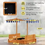 Outsunny Wooden Kids Sandbox with Adjustable Canopy and Foldable Bench Seats Brown Blue and White - Image 3