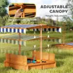 Outsunny Wooden Kids Sandbox with Adjustable Canopy and Foldable Bench Seats Brown Blue and White - Image 4