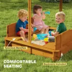 Outsunny Wooden Kids Sandbox with Adjustable Canopy and Foldable Bench Seats Brown Blue and White - Image 8