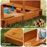 Outsunny Wooden Kids Sandbox with Adjustable Canopy and Foldable Bench Seats Brown Blue and White - Image 9