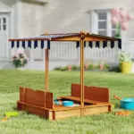 Outsunny Wooden Kids Sandbox with Adjustable Canopy and Foldable Bench Seats Brown Blue and White - Image 10
