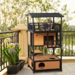 Wooden Outdoor Cat House, Feral Cat Shelter Kitten Tree with Asphalt Roof, Escape Doors, Condo, Jumping Platform, Yellow - Image 2