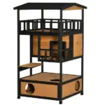 Wooden Outdoor Cat House, Feral Cat Shelter Kitten Tree with Asphalt Roof, Escape Doors, Condo, Jumping Platform, Yellow - Image 11
