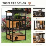 Wooden Outdoor Cat House, Feral Cat Shelter Kitten Tree with Asphalt Roof, Escape Doors, Condo, Jumping Platform, Yellow - Image 4