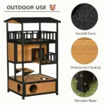 Wooden Outdoor Cat House, Feral Cat Shelter Kitten Tree with Asphalt Roof, Escape Doors, Condo, Jumping Platform, Yellow - Image 6