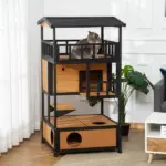 Wooden Outdoor Cat House, Feral Cat Shelter Kitten Tree with Asphalt Roof, Escape Doors, Condo, Jumping Platform, Yellow - Image 10