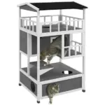 Wooden Outdoor Cat House with Asphalt Roof, Escape Doors, Condo, Jumping Platform, Light Gray - Image 11