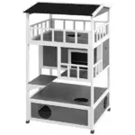 Wooden Outdoor Cat House with Asphalt Roof, Escape Doors, Condo, Jumping Platform, Light Gray