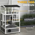 Wooden Outdoor Cat House with Asphalt Roof, Escape Doors, Condo, Jumping Platform, Light Gray - Image 4