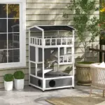 Wooden Outdoor Cat House with Asphalt Roof, Escape Doors, Condo, Jumping Platform, Light Gray - Image 10