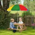 Wooden Outdoor Kids Picnic Table with Removable Umbrella, Children Sand and Water Activity Table for Patio, Mixed Color - Image 2