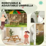 Wooden Outdoor Kids Picnic Table with Removable Umbrella, Children Sand and Water Activity Table for Patio, Mixed Color - Image 5