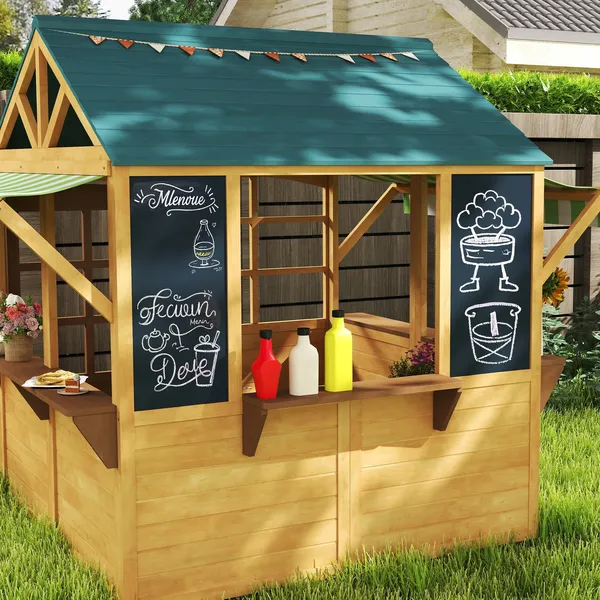 Wooden Outdoor Playhouse, Foldable Kids Cottage with Windows, Working Door, Snack Bars, Waterproof Covers, for 3-8 Years - Image 9