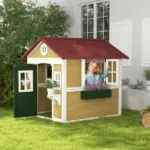 Outsunny Wooden Playhouse for Kids Outdoor, Doors, Windows, Planter Pots, Beige, Toddlers 3-8 Years - Image 2