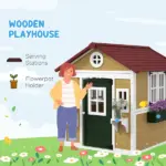 Outsunny Wooden Playhouse for Kids Outdoor, Doors, Windows, Planter Pots, Beige, Toddlers 3-8 Years - Image 4