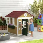 Outsunny Wooden Playhouse for Kids Outdoor, Doors, Windows, Planter Pots, Beige, Toddlers 3-8 Years - Image 10