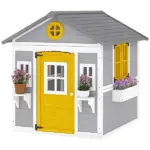 Outsunny Wooden Playhouse for Kids Outdoor with Doors, Windows, Planter Pots and Boxes for Toddlers 3-8 Years, Gray