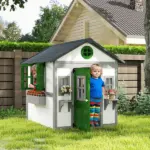 Outsunny Wooden Playhouse for Kids Outdoor with Doors, Windows, Planter Pots and Boxes for Toddlers 3-8 Years, White - Image 2