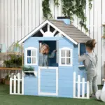 Wooden Playhouse for Kids Outdoor with Flower Pot Holders, Door, Windows, Service Stations for 3-7 Years, Blue - Image 2