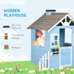 Wooden Playhouse for Kids Outdoor with Flower Pot Holders, Door, Windows, Service Stations for 3-7 Years, Blue - Image 4