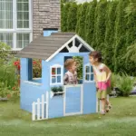 Wooden Playhouse for Kids Outdoor with Flower Pot Holders, Door, Windows, Service Stations for 3-7 Years, Blue - Image 10