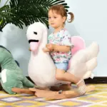 Qaba Wooden Plush Swan Rocking Horse, Ride-On Toy with Music, White and Pink, Soothing for Infants and Toddlers - Image 2