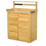 Wooden Potting Bench 3-Tier Storage Cabinet Work Station Table Lockable Organizer with Magnetic Latch Hooks Foot Pads 34.25"L Yellow