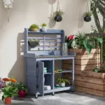 Wooden Potting Bench for Outdoor Use, Gray with Aluminum Table Top, Storage for Garden Tools and Plants - Image 2