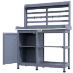 Wooden Potting Bench for Outdoor Use, Gray with Aluminum Table Top, Storage for Garden Tools and Plants