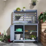 Wooden Potting Bench for Outdoor Use, Gray with Aluminum Table Top, Storage for Garden Tools and Plants - Image 7