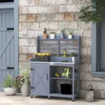 Wooden Potting Bench for Outdoor Use, Gray with Aluminum Table Top, Storage for Garden Tools and Plants - Image 8