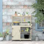 Wooden Potting Bench with Storage, Sink, Water Tap for Backyard, Patio, Balcony, Natural - Image 7