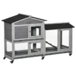 Wooden Rabbit Hutch 62" with Wheels Light Gray Bunny Cage Pet Playhouse Indoor Outdoor