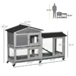 Wooden Rabbit Hutch 62" with Wheels Light Gray Bunny Cage Pet Playhouse Indoor Outdoor - Image 3