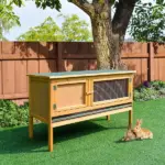 PawHut Wooden Rabbit Hutch Bunny Cage Openable Waterproof Roof No Leak Tray Sturdy Fir Wood Indoor Outdoor Yellow Green - Image 2