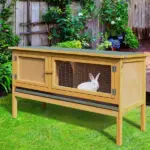 PawHut Wooden Rabbit Hutch Bunny Cage Openable Waterproof Roof No Leak Tray Sturdy Fir Wood Indoor Outdoor Yellow Green - Image 10