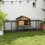 Wooden Rabbit Hutch Outdoor, 85" Large Bunny Cage with Steel Run Box, Removable Plastic Tray, Asphalt Roof, Ramp, Yellow - Image 2