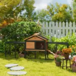 Wooden Rabbit Hutch Outdoor, 85" Large Bunny Cage with Steel Run Box, Removable Plastic Tray, Asphalt Roof, Ramp, Yellow - Image 9