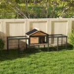 Wooden Rabbit Hutch Outdoor, 85" Large Bunny Cage with Steel Run Box, Removable Plastic Tray, Asphalt Roof, Ramp, Yellow - Image 10