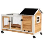 Wooden Rabbit Hutch with Wheels, Run, Slide-out Tray for Small Animals, Guinea Pig, Yellow